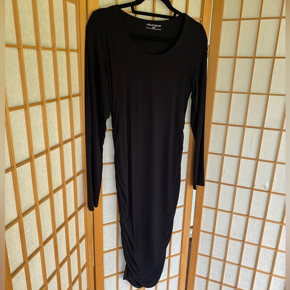 A Pea In The Pod Basic Black Stretch Rouched Long Sleeve Dress SZ M - Picture 6 of 10